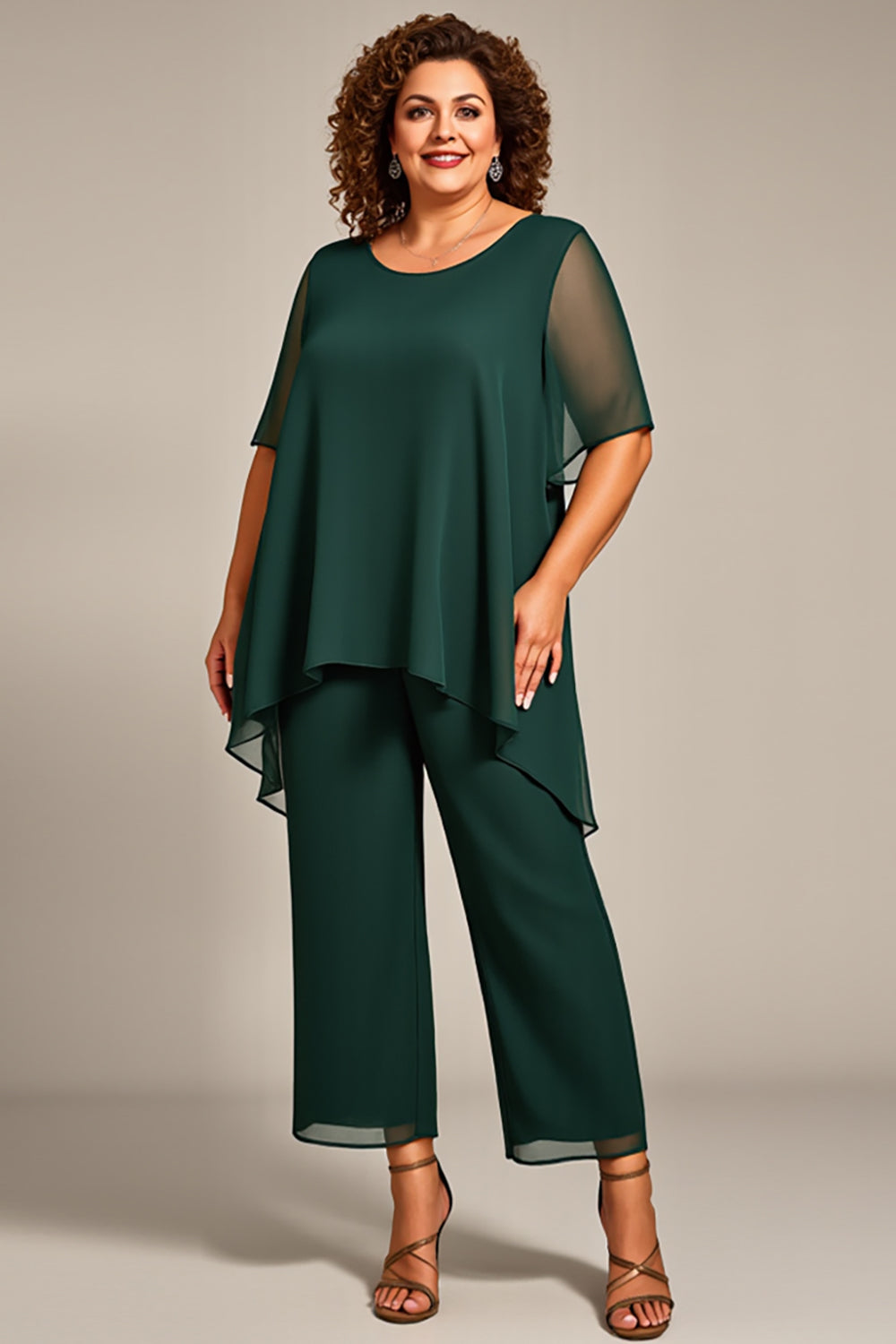 Pine Scoop Neck Chiffon Mother of the Bride Pantsuit with Sleeves