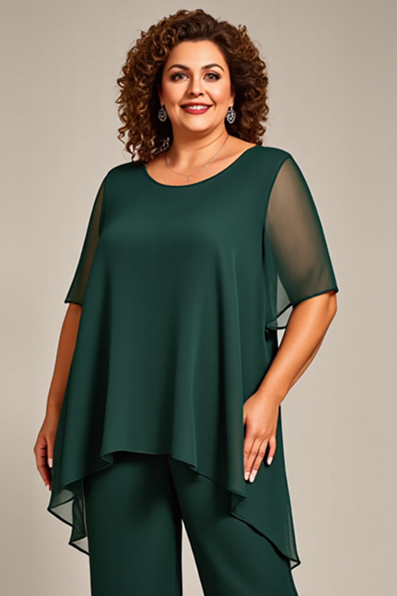 Load image into Gallery viewer, Pine Scoop Neck Chiffon Mother of the Bride Pantsuit with Sleeves