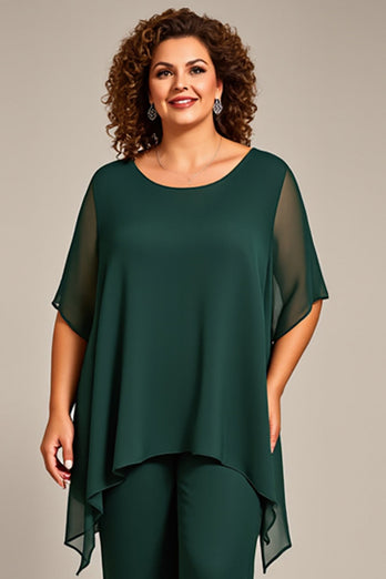 Pine Scoop Neck Chiffon Mother of the Bride Pantsuit with Sleeves