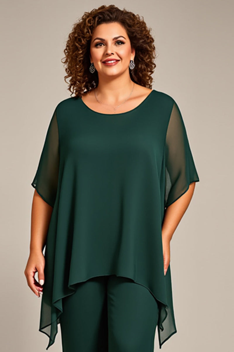 Load image into Gallery viewer, Pine Scoop Neck Chiffon Mother of the Bride Pantsuit with Sleeves