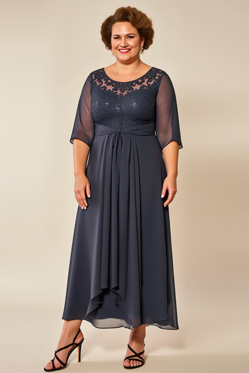 Steel Grey Chiffon A Line Mother of the Bride Dress with Appliques
