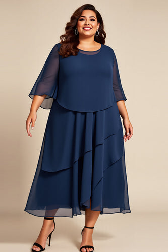 Plus Size Navy Chiffon A Line Mother of the Bride Dress