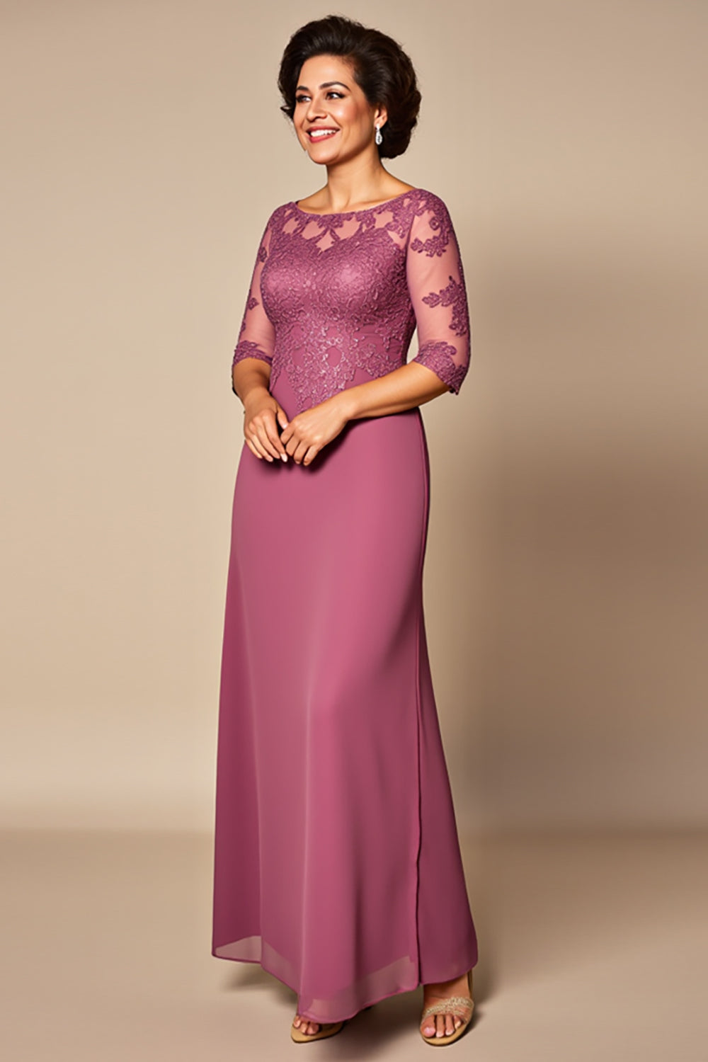 Desert Rose Chiffon Sheath Mother of the Bride Dress with Sleeves