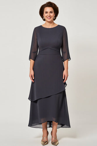 Steel Grey Chiffon Tiered Mother of the Bride Dress with Sleeves
