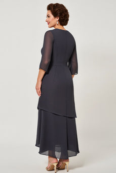 Steel Grey Chiffon Tiered Mother of the Bride Dress with Sleeves