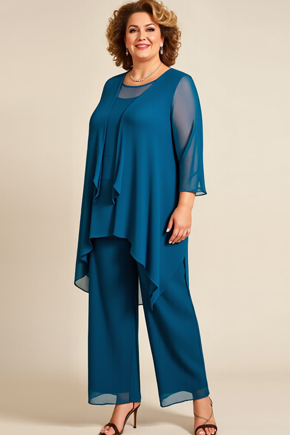 Ink Blue Plus Size Chiffon Tiered Mother of the Bride Pantsuit