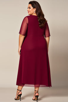 Plus Size Burgundy Chiffon Mother of the Bride Dress with Sleeves