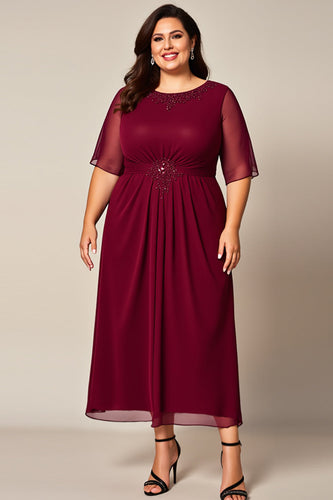 Plus Size Burgundy Chiffon Mother of the Bride Dress with Sleeves