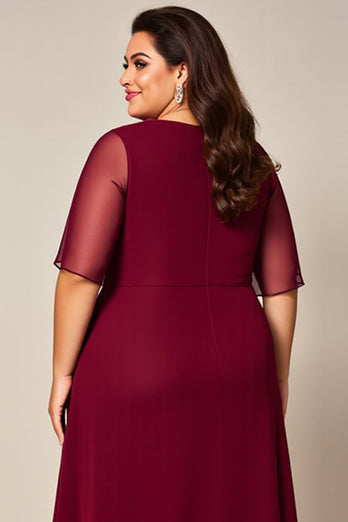 Plus Size Burgundy Chiffon Mother of the Bride Dress with Sleeves