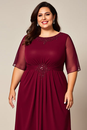 Plus Size Burgundy Chiffon Mother of the Bride Dress with Sleeves