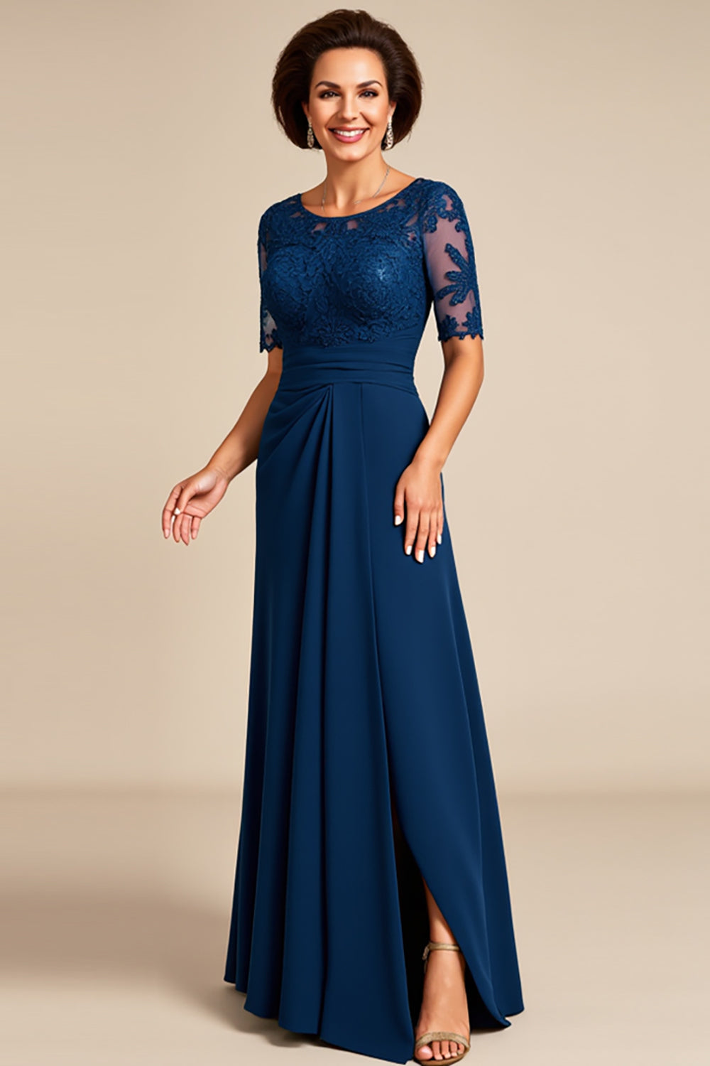Navy Chiffon A Line Mother of the Bride Dress with Slit