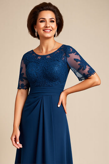 Navy Chiffon A Line Mother of the Bride Dress with Slit