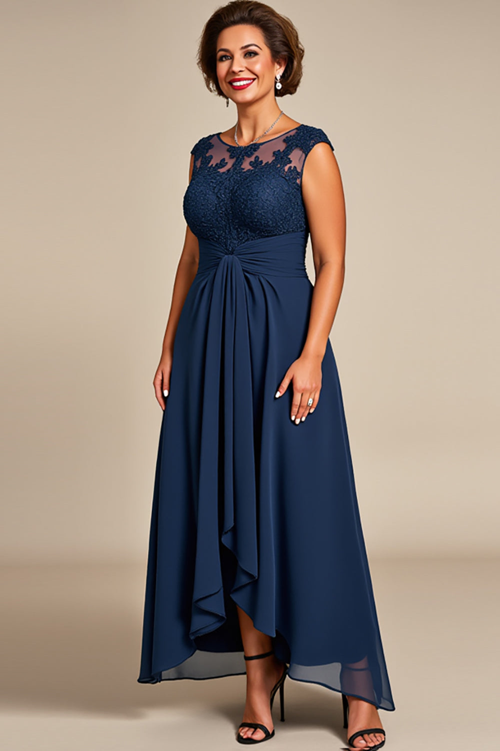 Navy Chiffon Appliqued Illusion Neck Long Mother of the Bride Dress