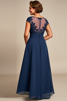 Load image into Gallery viewer, Navy Chiffon Appliqued Illusion Neck Long Mother of the Bride Dress