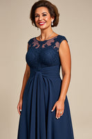 Load image into Gallery viewer, Navy Chiffon Appliqued Illusion Neck Long Mother of the Bride Dress