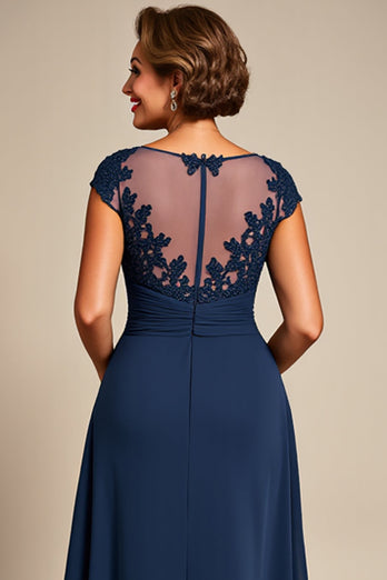 Navy Chiffon Appliqued Illusion Neck Long Mother of the Bride Dress
