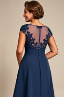 Load image into Gallery viewer, Navy Chiffon Appliqued Illusion Neck Long Mother of the Bride Dress