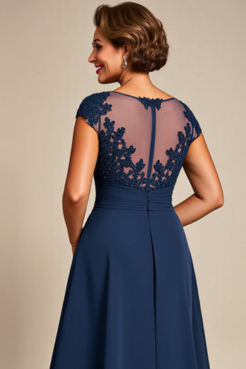 Navy Chiffon Appliqued Illusion Neck Long Mother of the Bride Dress