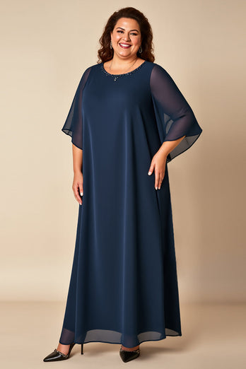 Navy Chiffon Plus Size Long Mother of the Bride Dress