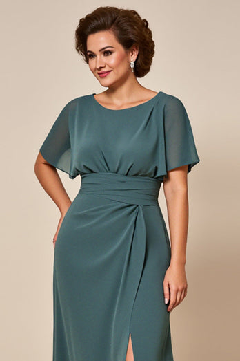 Grey Blue Sheath Chiffon Mother of the Bride Dress with Slit