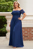 Load image into Gallery viewer, Off the Shoulder Navy Plus Size Appliqued Mother of the Bride Dress