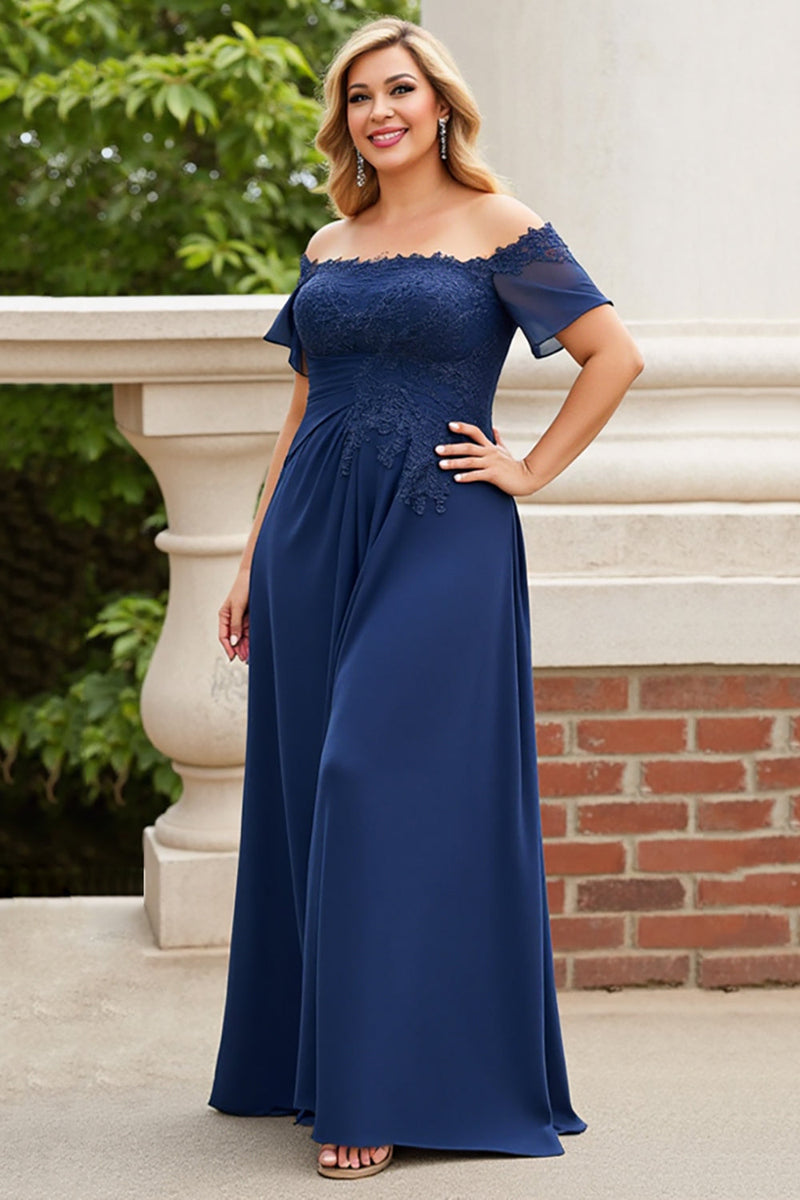 Load image into Gallery viewer, Off the Shoulder Navy Plus Size Appliqued Mother of the Bride Dress