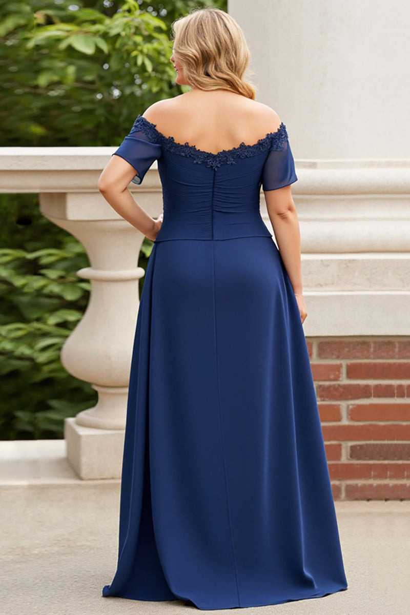 Load image into Gallery viewer, Off the Shoulder Navy Plus Size Appliqued Mother of the Bride Dress