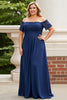 Load image into Gallery viewer, Off the Shoulder Navy Plus Size Appliqued Mother of the Bride Dress