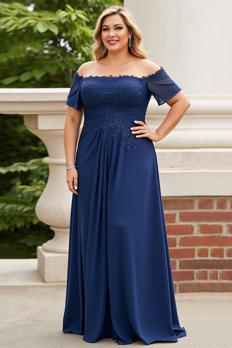 Load image into Gallery viewer, Off the Shoulder Navy Plus Size Appliqued Mother of the Bride Dress