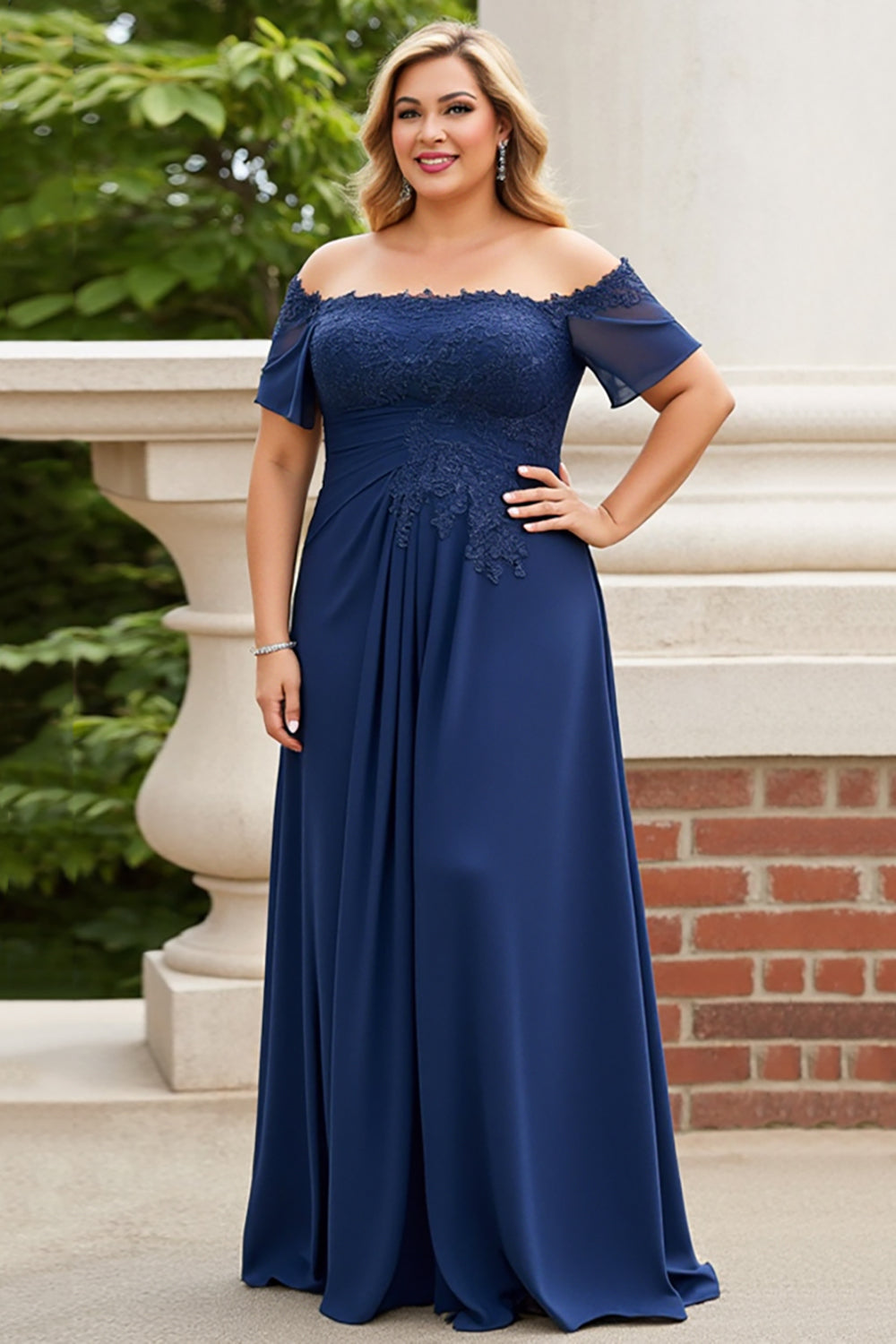 Off the Shoulder Navy Plus Size Appliqued Mother of the Bride Dress