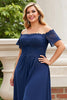 Load image into Gallery viewer, Off the Shoulder Navy Plus Size Appliqued Mother of the Bride Dress