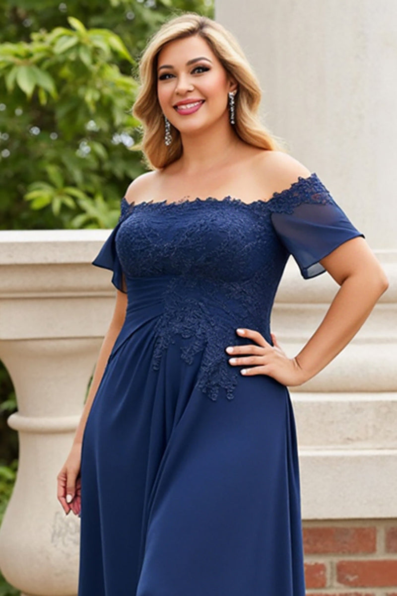 Load image into Gallery viewer, Off the Shoulder Navy Plus Size Appliqued Mother of the Bride Dress