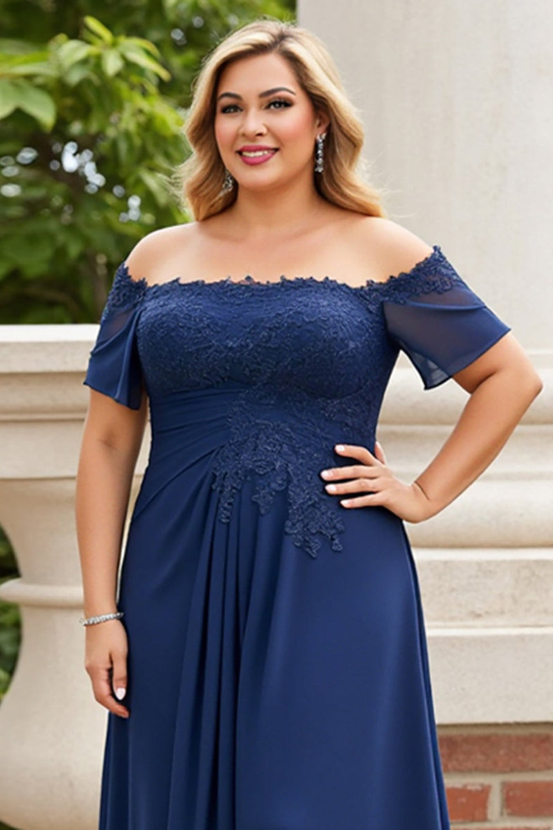 Load image into Gallery viewer, Off the Shoulder Navy Plus Size Appliqued Mother of the Bride Dress