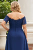 Load image into Gallery viewer, Off the Shoulder Navy Plus Size Appliqued Mother of the Bride Dress
