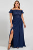 Load image into Gallery viewer, Off the Shoulder Navy Plus Size Chiffon Mother of the Bride Dress with Slit