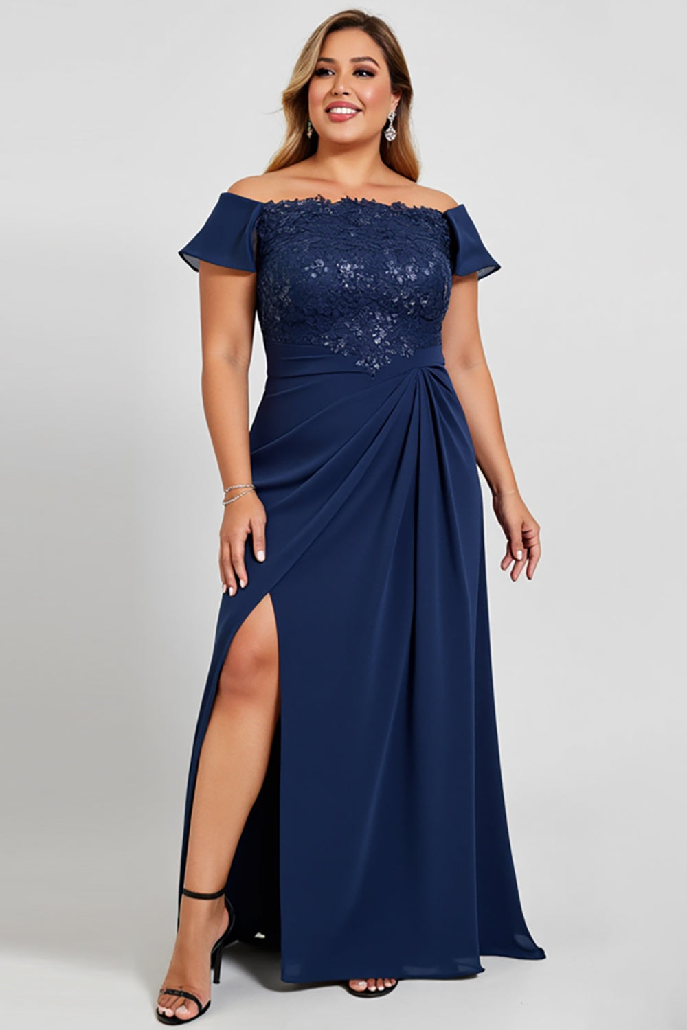 Off the Shoulder Navy Plus Size Chiffon Mother of the Bride Dress with Slit