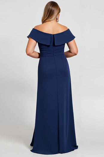 Off the Shoulder Navy Plus Size Chiffon Mother of the Bride Dress with Slit
