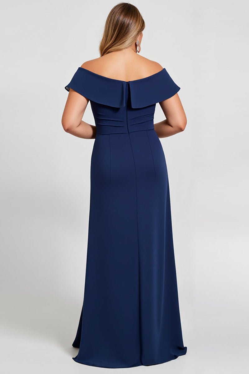 Load image into Gallery viewer, Off the Shoulder Navy Plus Size Chiffon Mother of the Bride Dress with Slit