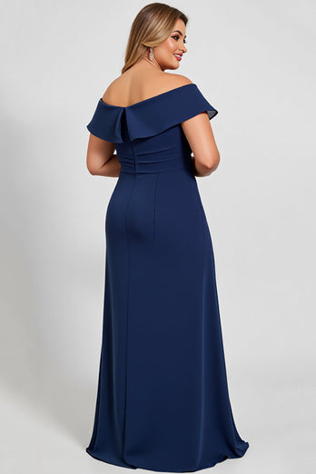 Off the Shoulder Navy Plus Size Chiffon Mother of the Bride Dress with Slit