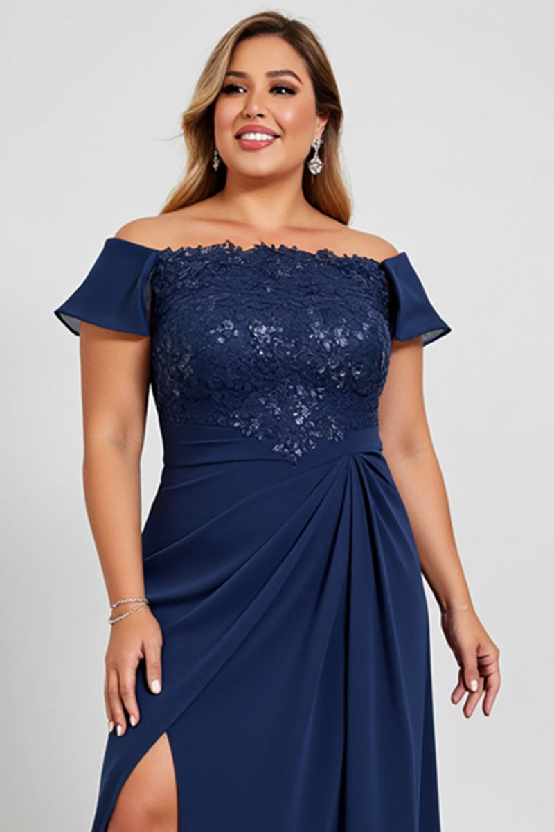 Load image into Gallery viewer, Off the Shoulder Navy Plus Size Chiffon Mother of the Bride Dress with Slit