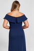 Load image into Gallery viewer, Off the Shoulder Navy Plus Size Chiffon Mother of the Bride Dress with Slit