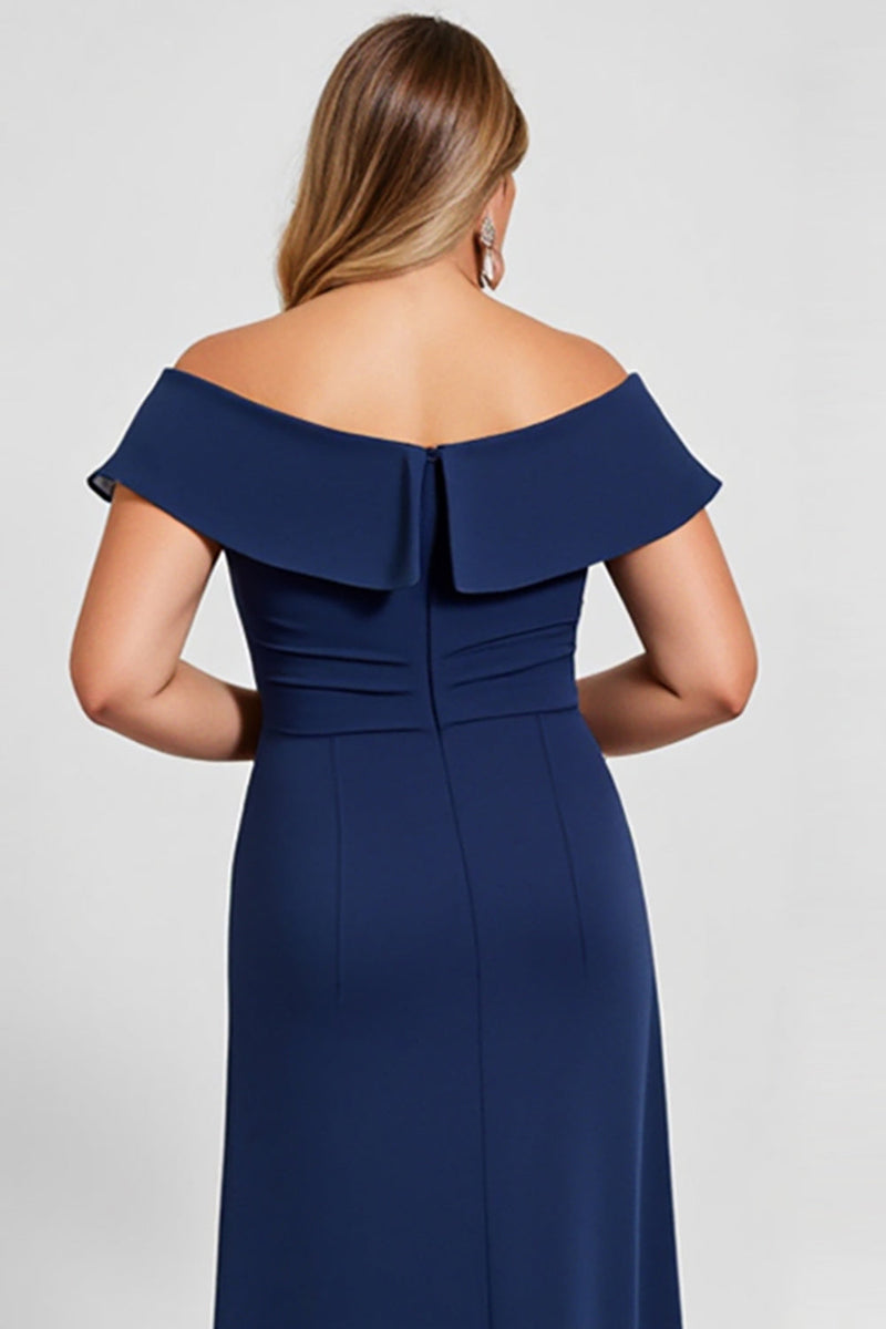 Load image into Gallery viewer, Off the Shoulder Navy Plus Size Chiffon Mother of the Bride Dress with Slit