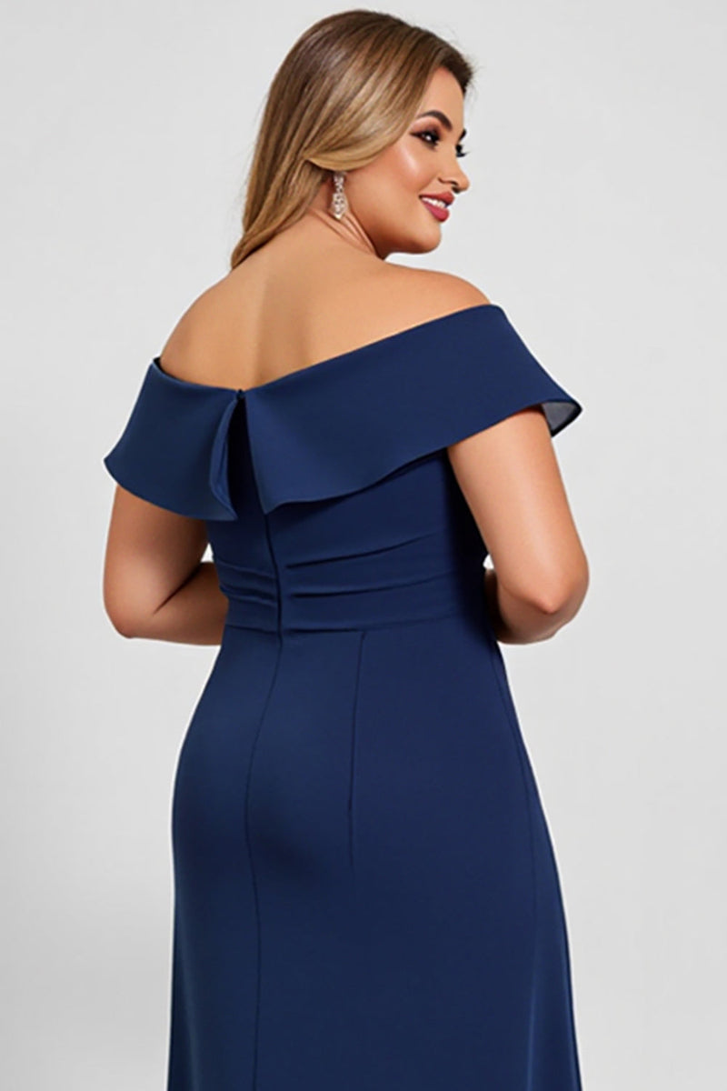 Load image into Gallery viewer, Off the Shoulder Navy Plus Size Chiffon Mother of the Bride Dress with Slit