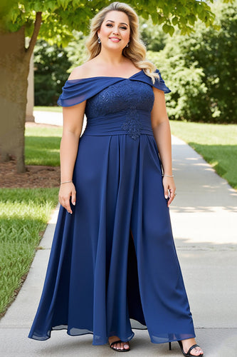 Plus Size A Line Navy Off the Shoulder Chiffon Mother of the Bride Dress