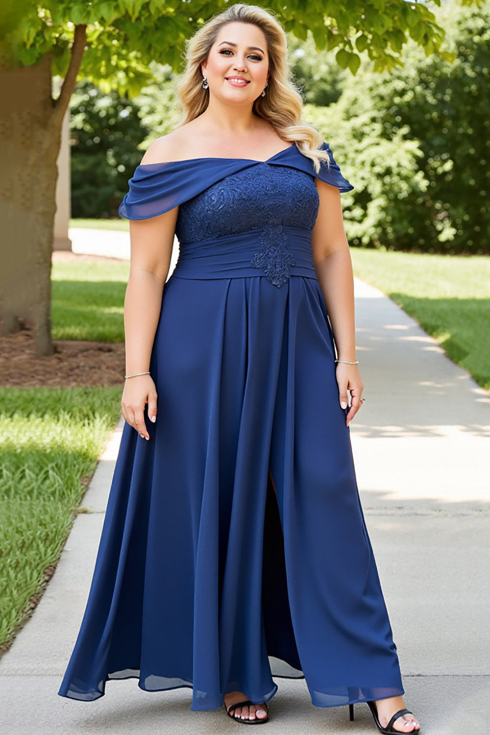Plus Size A Line Navy Off the Shoulder Chiffon Mother of the Bride Dress