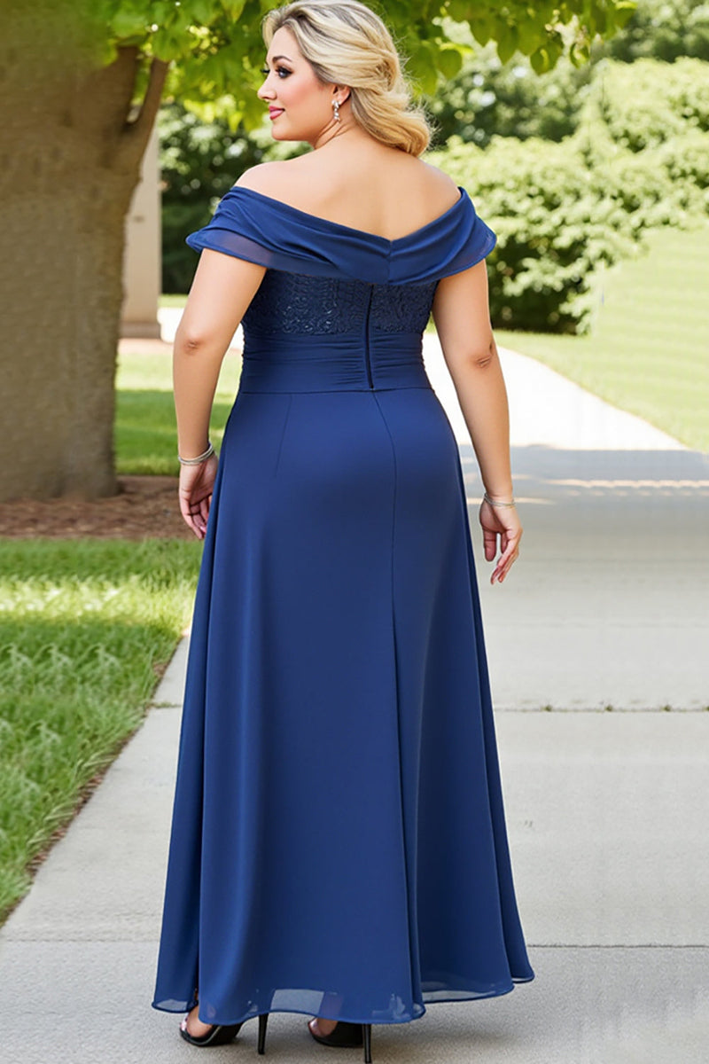 Load image into Gallery viewer, Plus Size A Line Navy Off the Shoulder Chiffon Mother of the Bride Dress