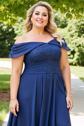 Plus Size A Line Navy Off the Shoulder Chiffon Mother of the Bride Dress