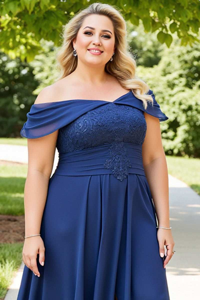 Load image into Gallery viewer, Plus Size A Line Navy Off the Shoulder Chiffon Mother of the Bride Dress