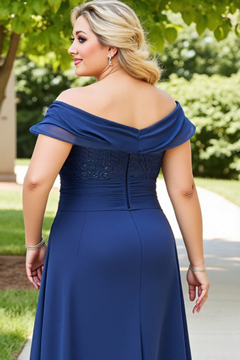 Load image into Gallery viewer, Plus Size A Line Navy Off the Shoulder Chiffon Mother of the Bride Dress