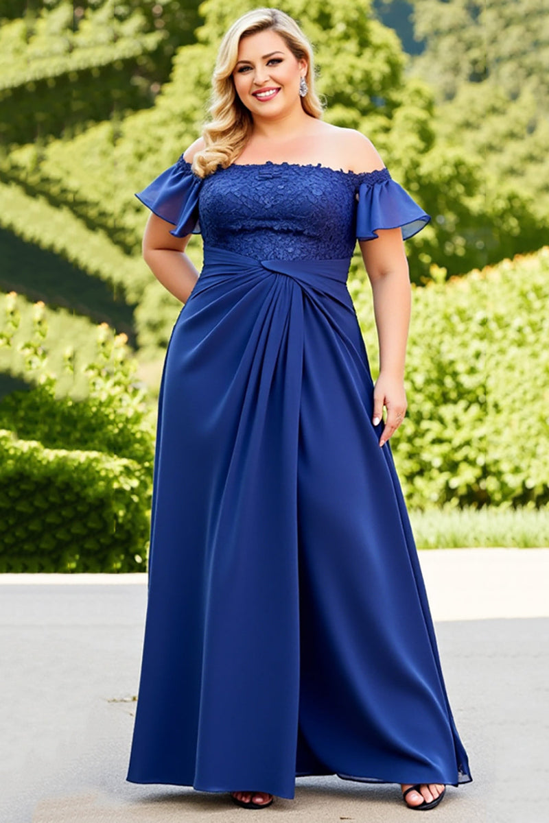 Load image into Gallery viewer, Plus Size Navy Chiffon Ruched Mother of the Bride Dress with Appliques